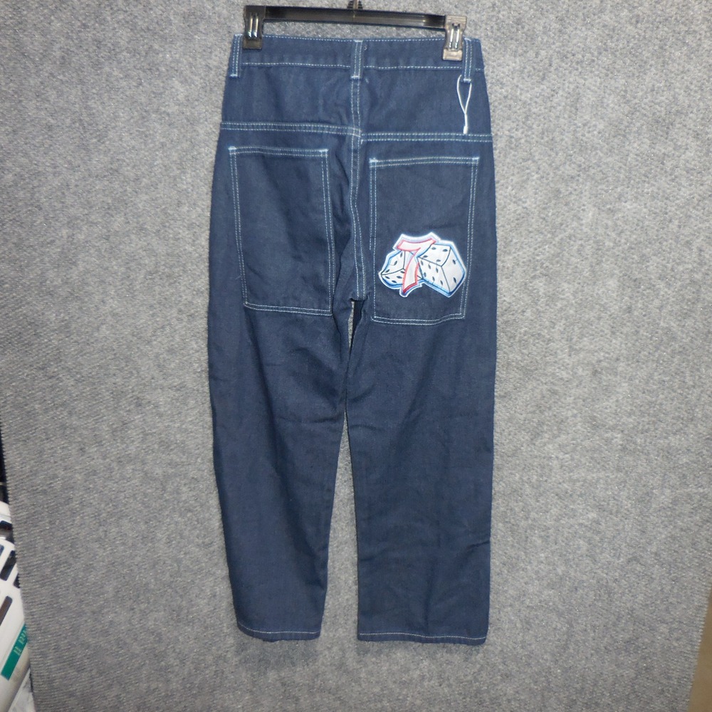 JNCO Jeans Lucky 7 Dice Wide Leg Denim Pants Dark Wash Embroidered Blue Small